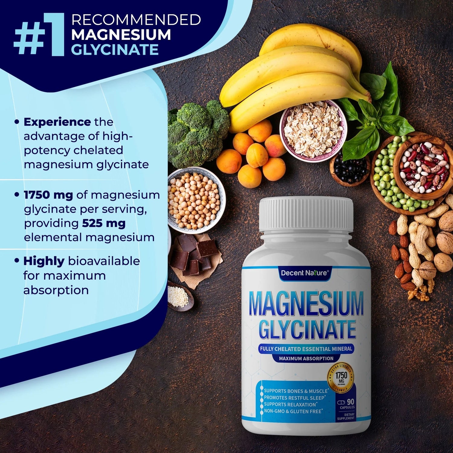 Magnesium Glycinate 525Mg Elemental Magnesium Supplement 90 Capsules